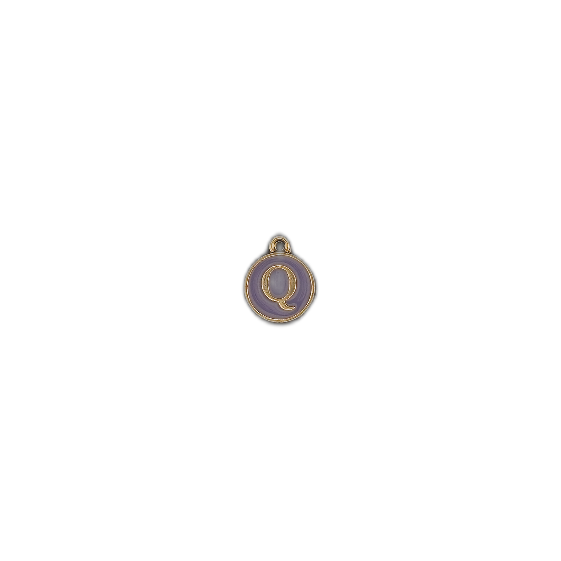 small round purple enamel Q charm centered on black background
