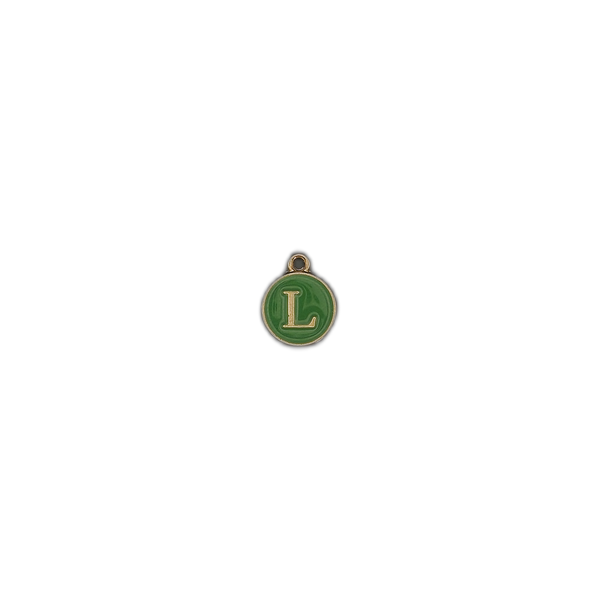 small green initial L circular charm on black background