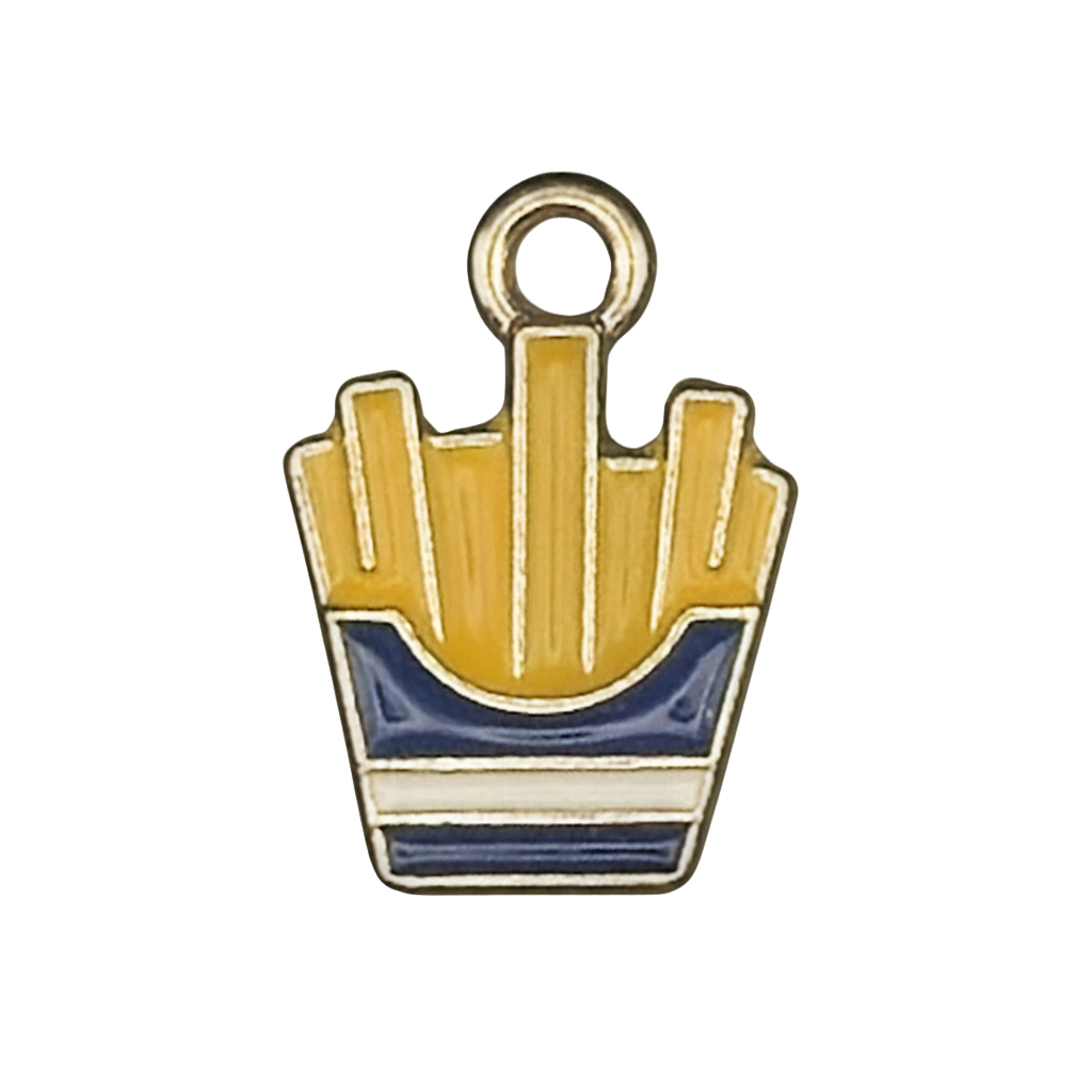 Close-up of an enamel charm shaped like french fries in a blue-and-white carton with gold-tone outline on a black background.