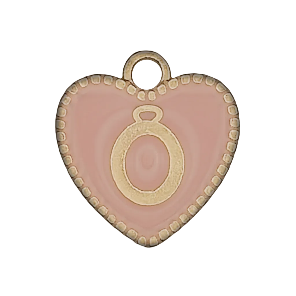 close-up of pink heart charm with gold letter O