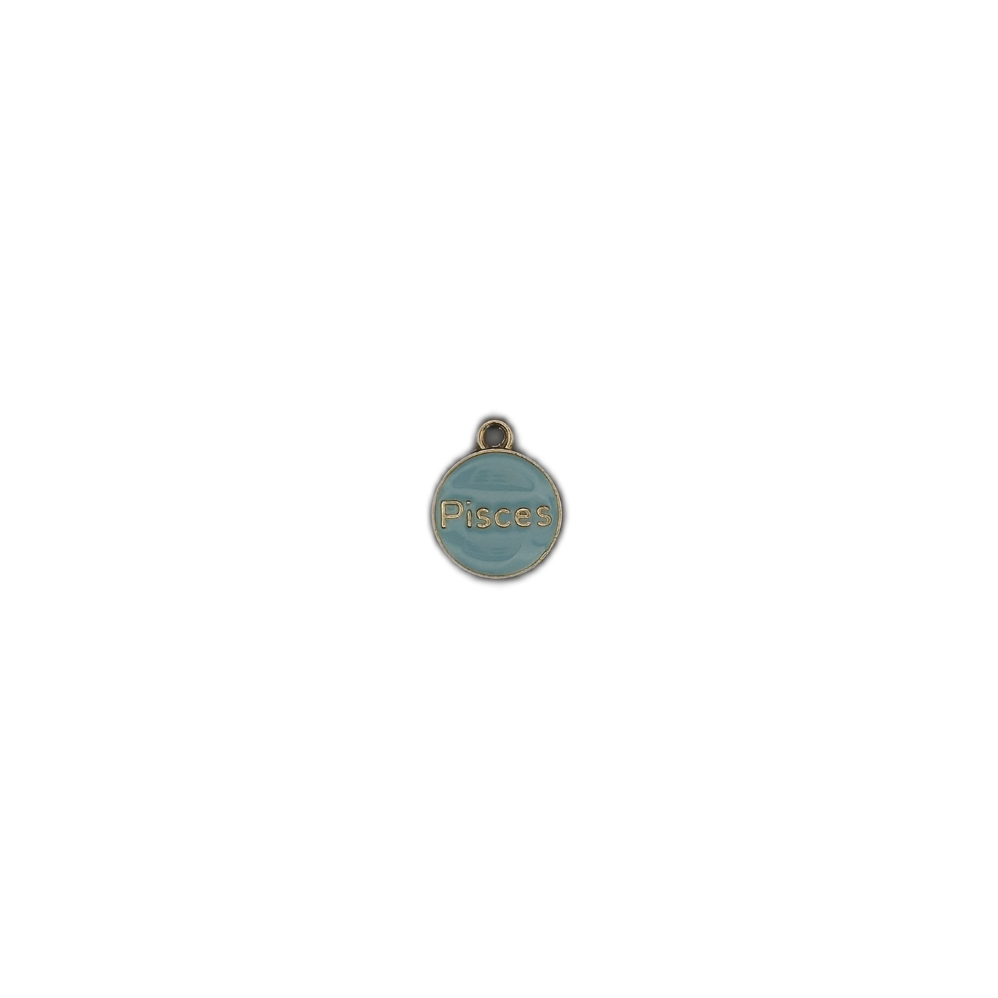 small round 'Pisces' blue enamel charm centered on a black background