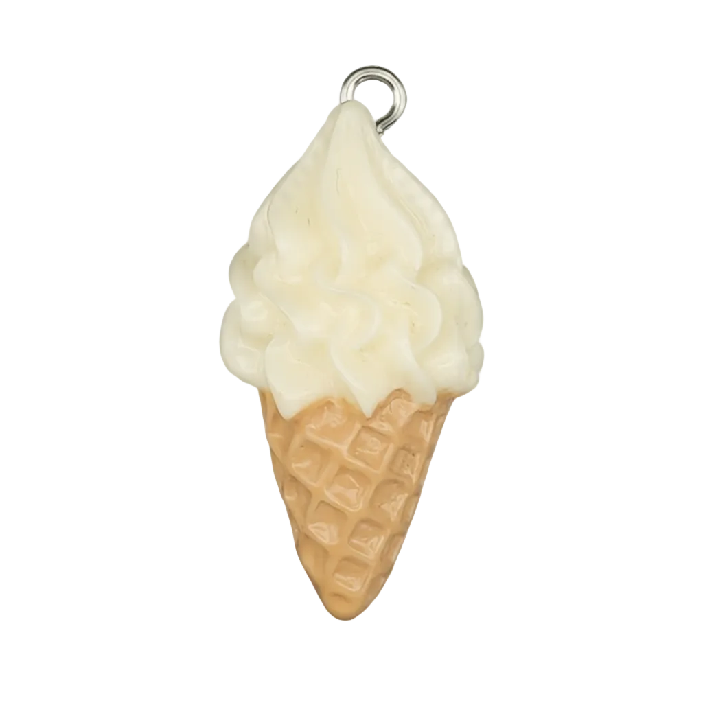close-up of a vanilla soft-serve ice cream cone charm on a black background