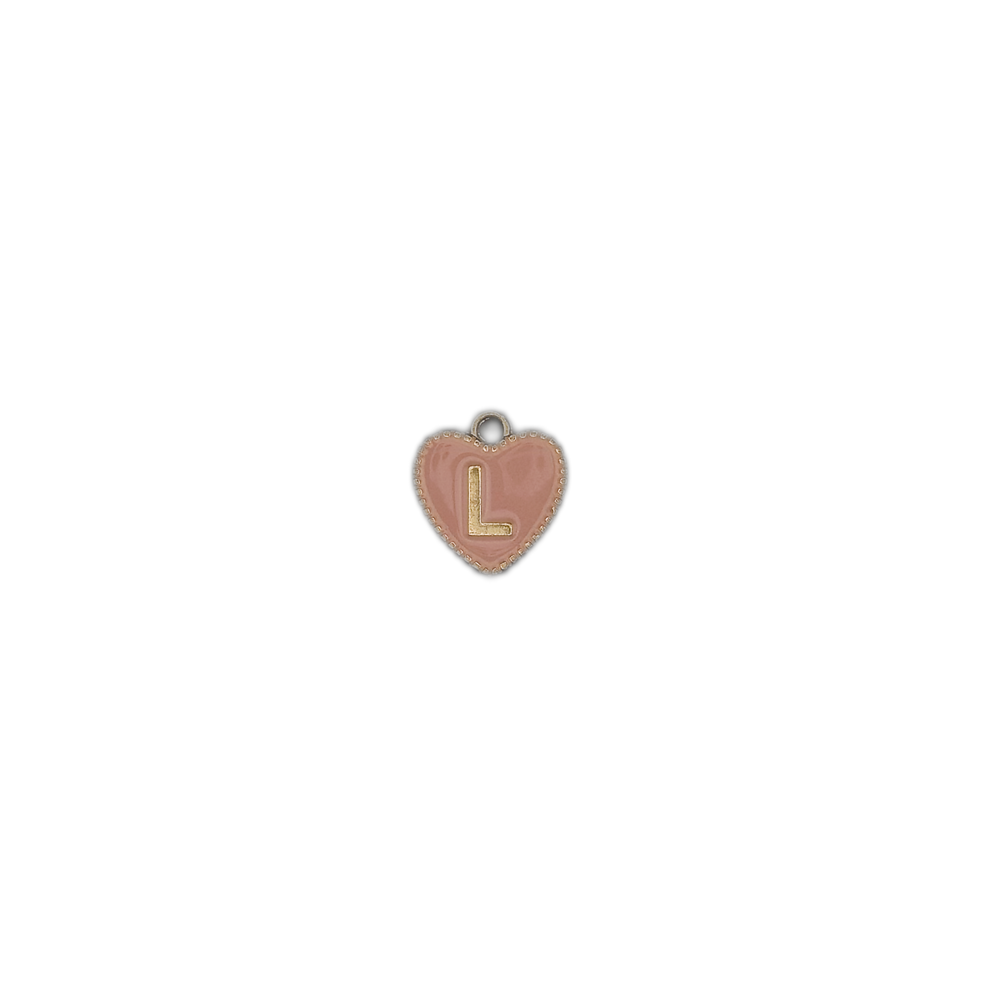 small pink heart charm with gold letter L on black background