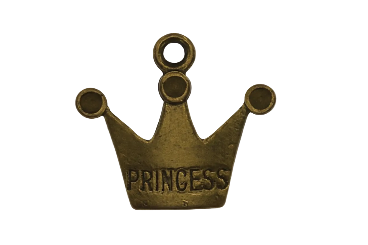 Close-up of a small gold-tone crown charm marked 'PRINCESS' on a black background.