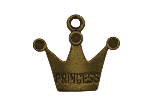 Close-up of a small gold-tone crown charm marked 'PRINCESS' on a black background.