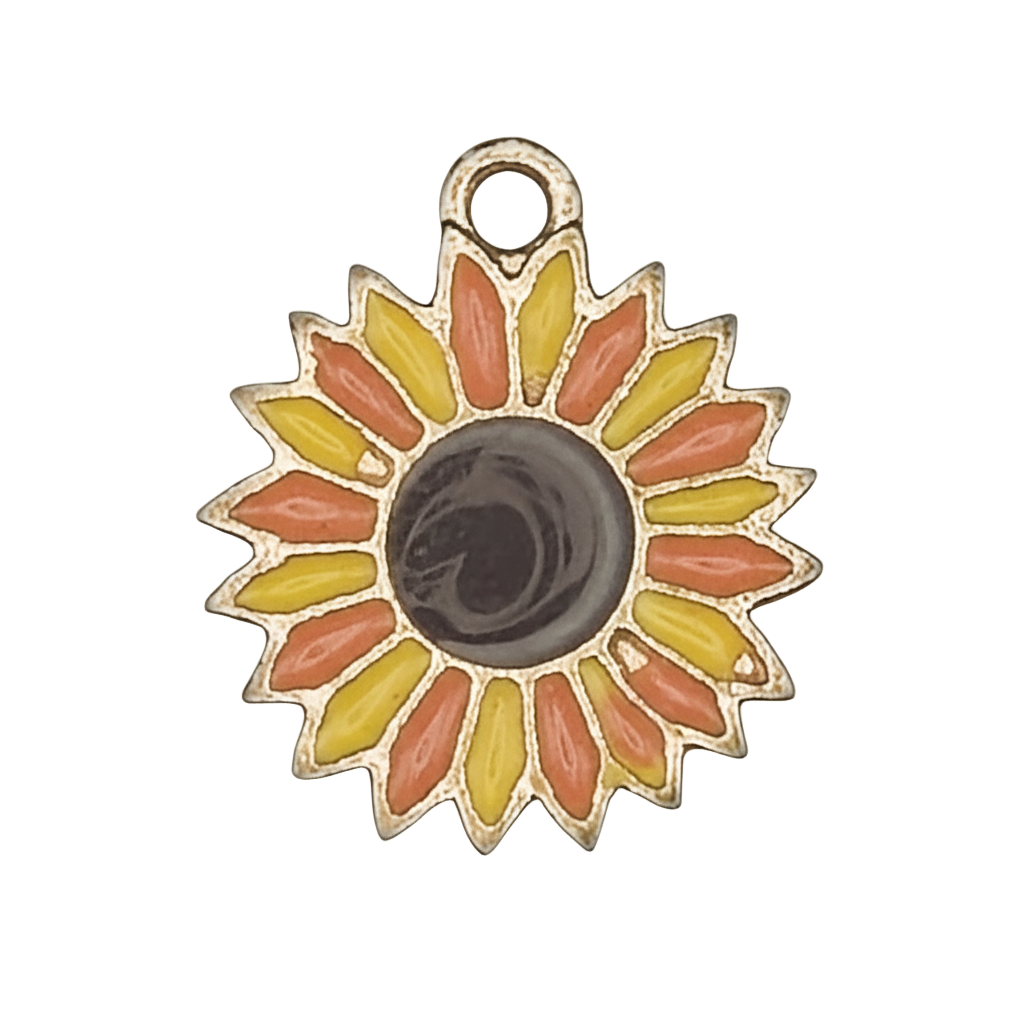 close-up enamel sunflower charm with yellow and orange petals and black center.