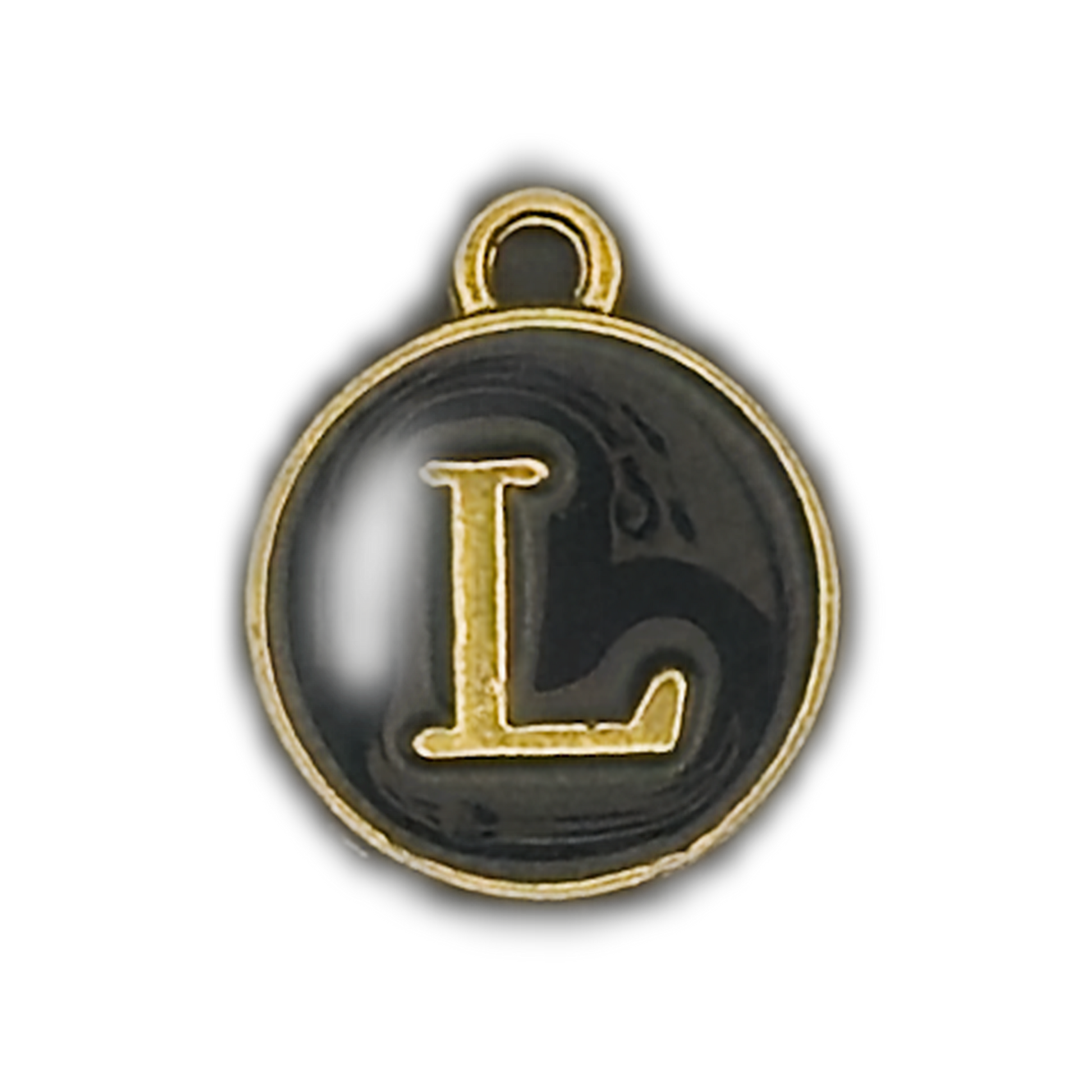 Close-up of round black charm with gold letter L and gold border.
