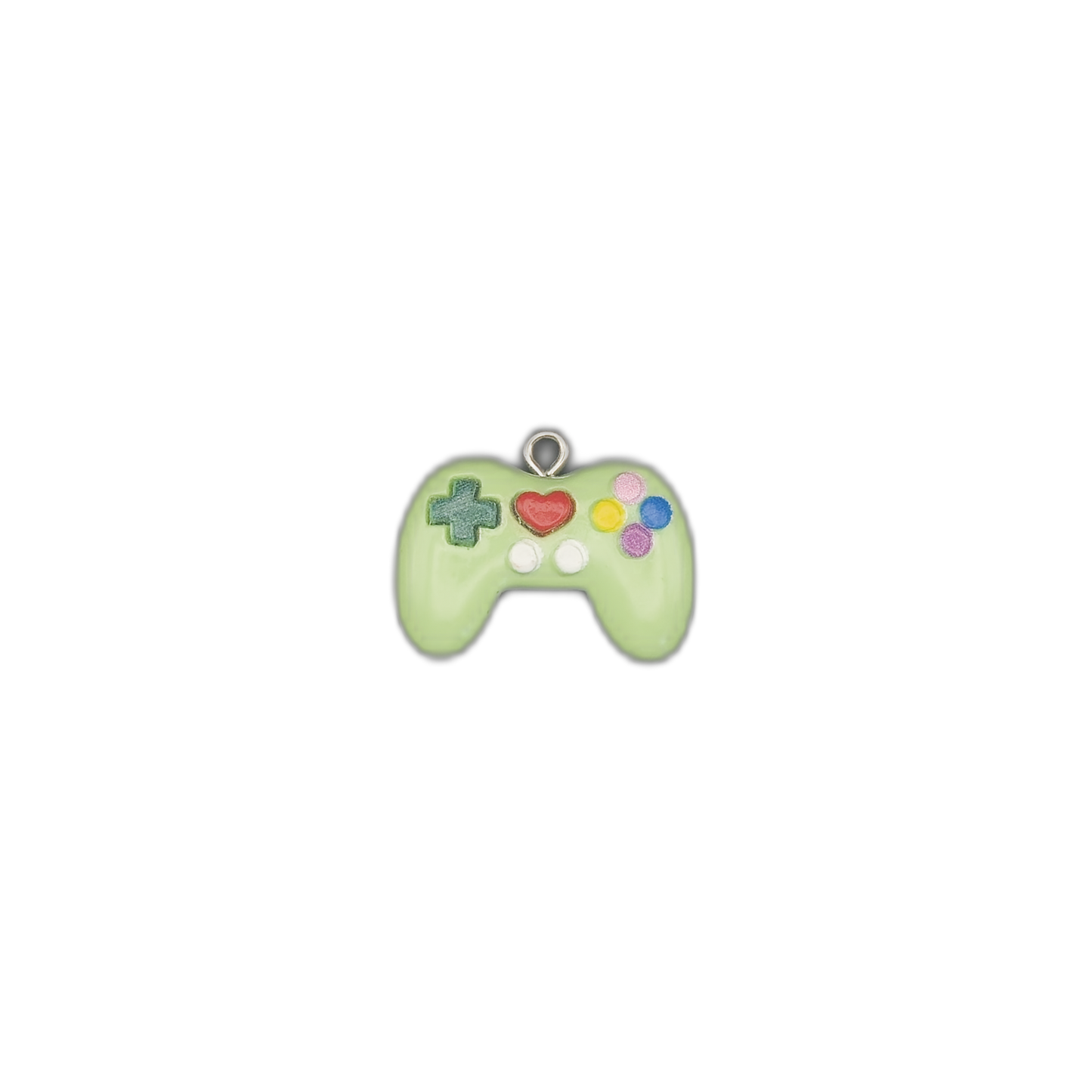 Small green game controller charm centered on a black background.