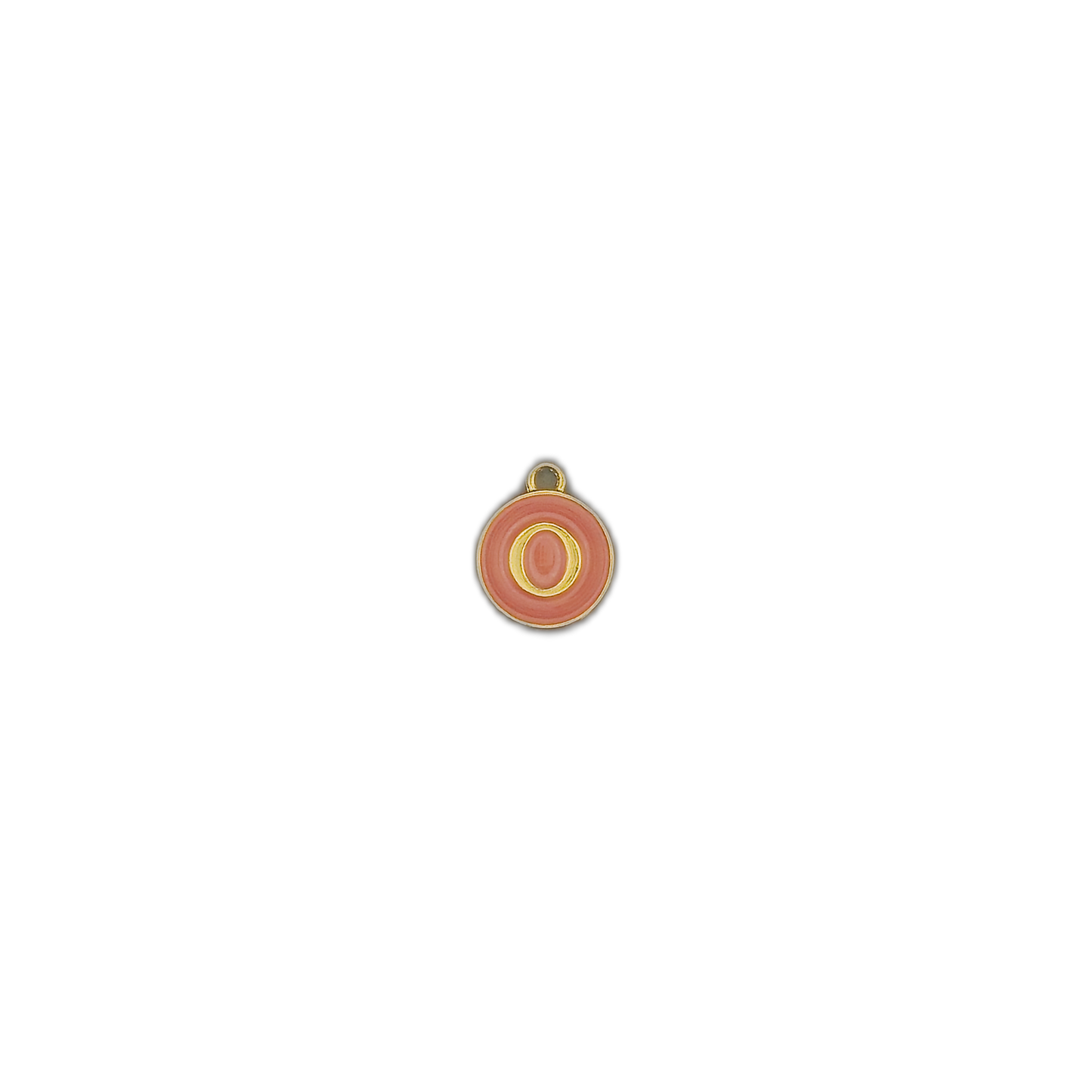 small round pink letter O charm on black background