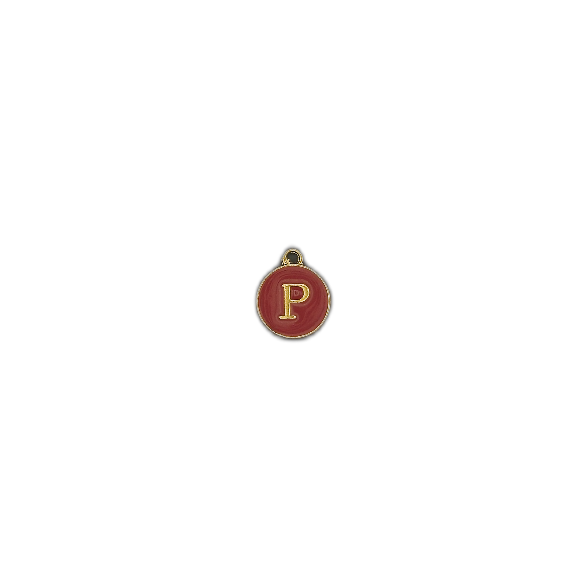 Small round red enamel letter P charm on black background