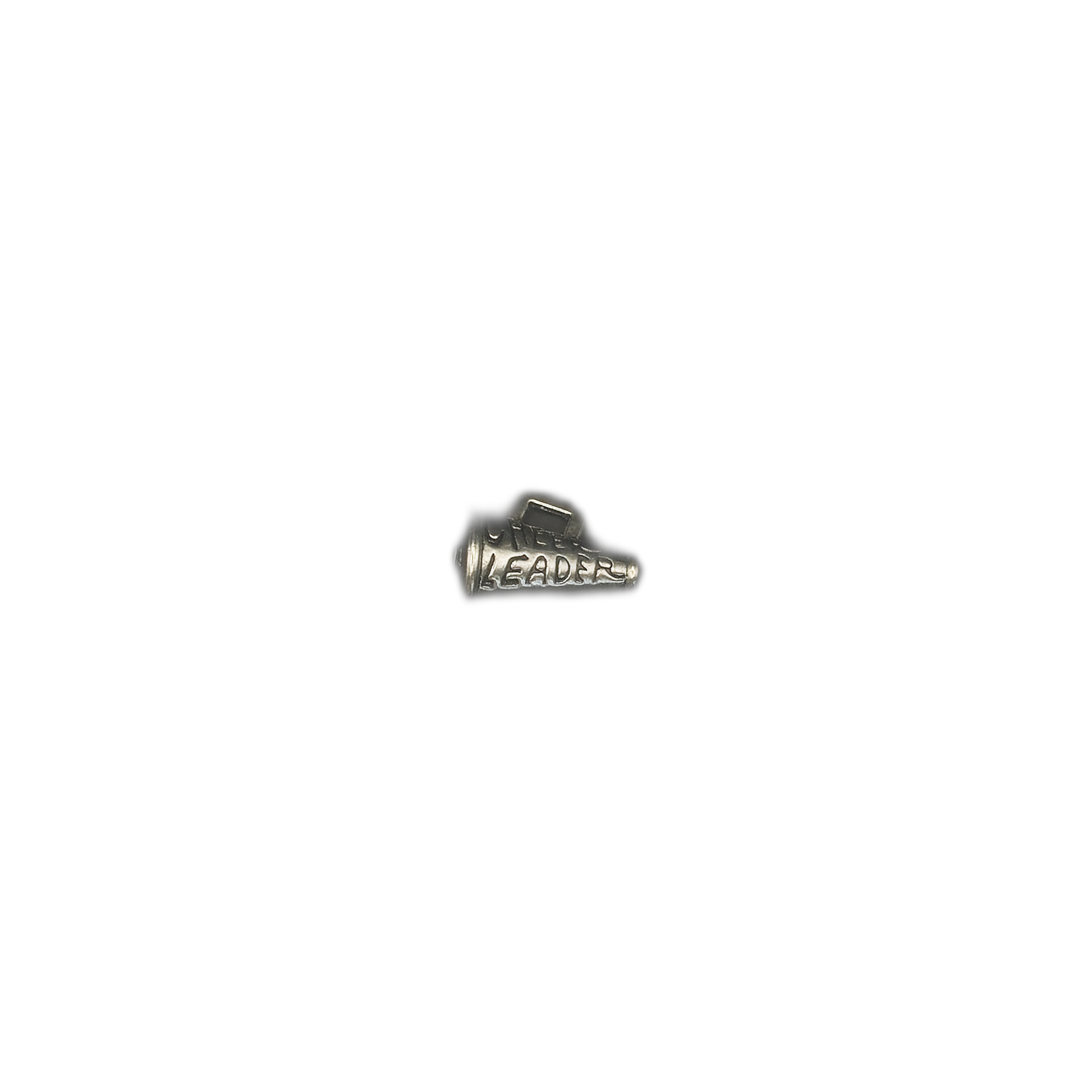 small silver-tone cheerleader megaphone charm on black background