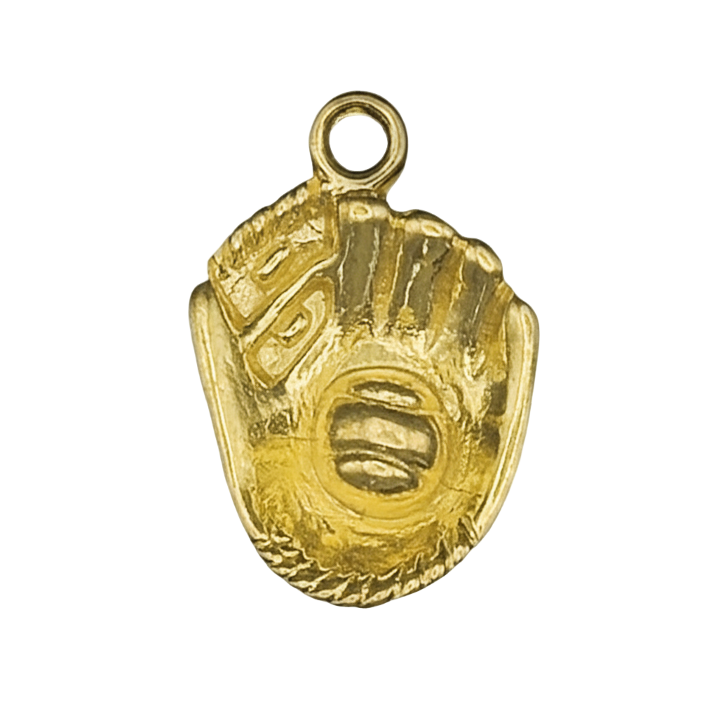 close-up of a gold baseball glove charm on a black background