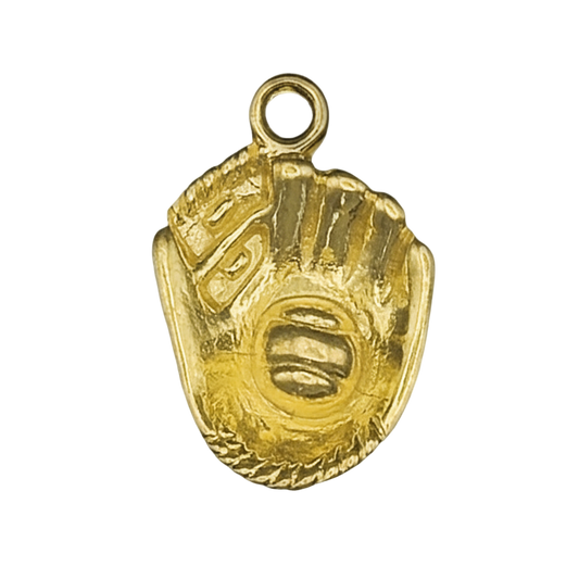 close-up of a gold baseball glove charm on a black background