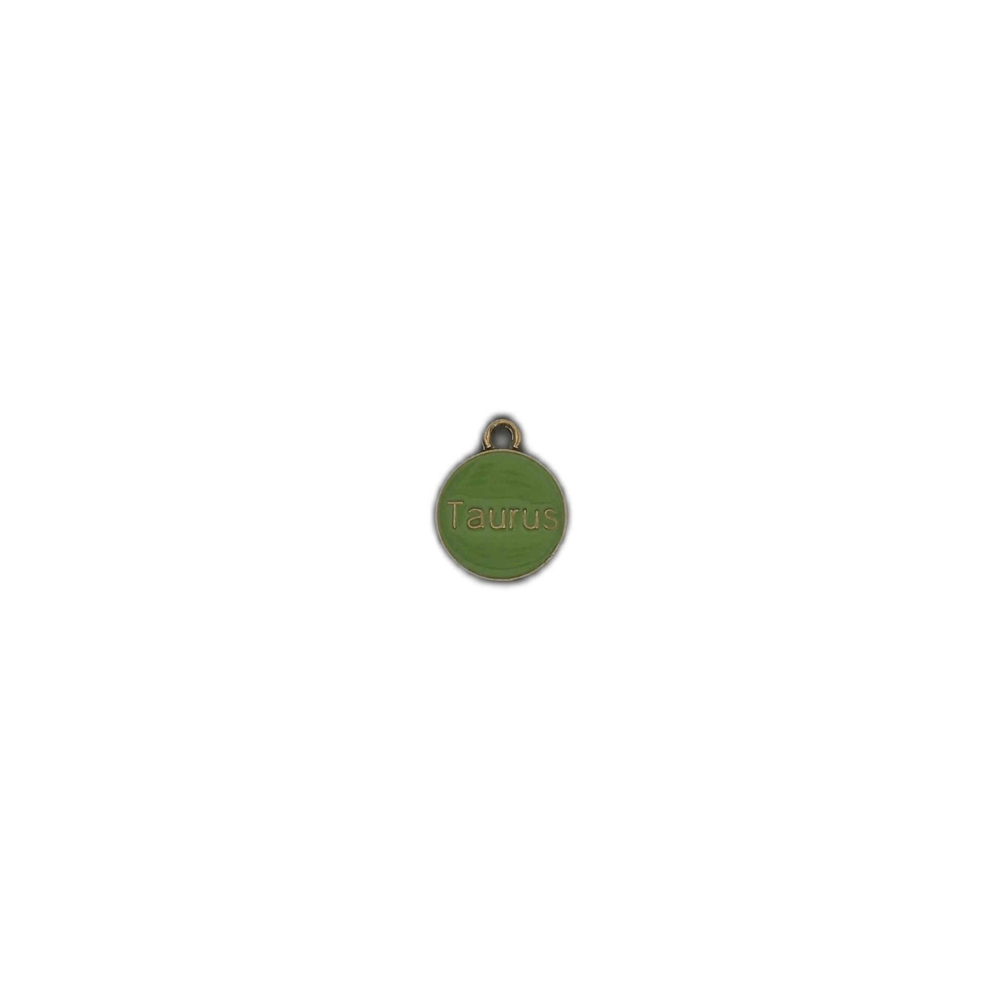 small round green Taurus charm centered on black background