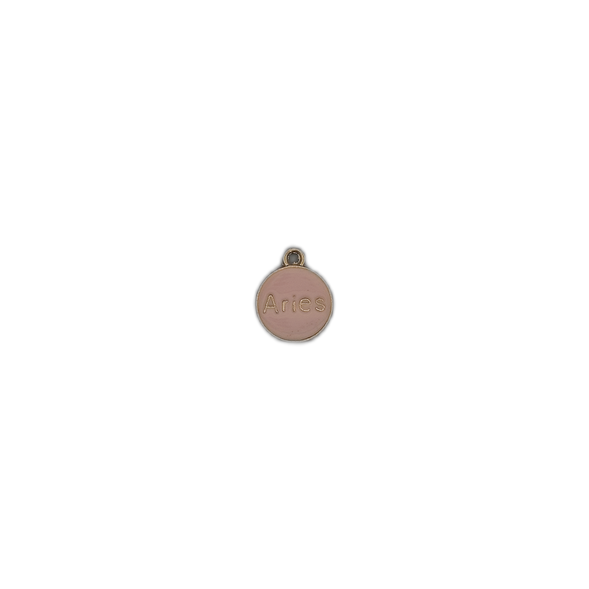 small round pink enamel charm reading Aries centered on a black background