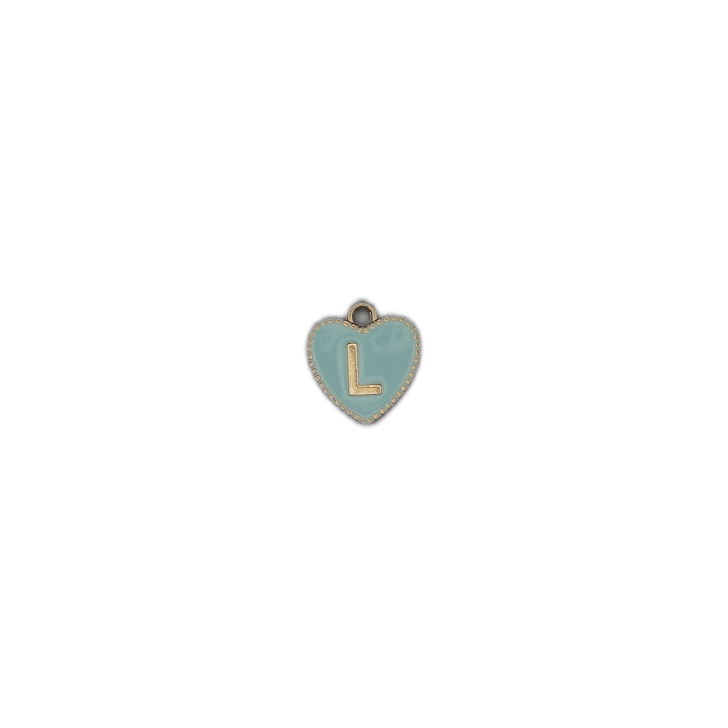 small blue heart initial L charm on black background
