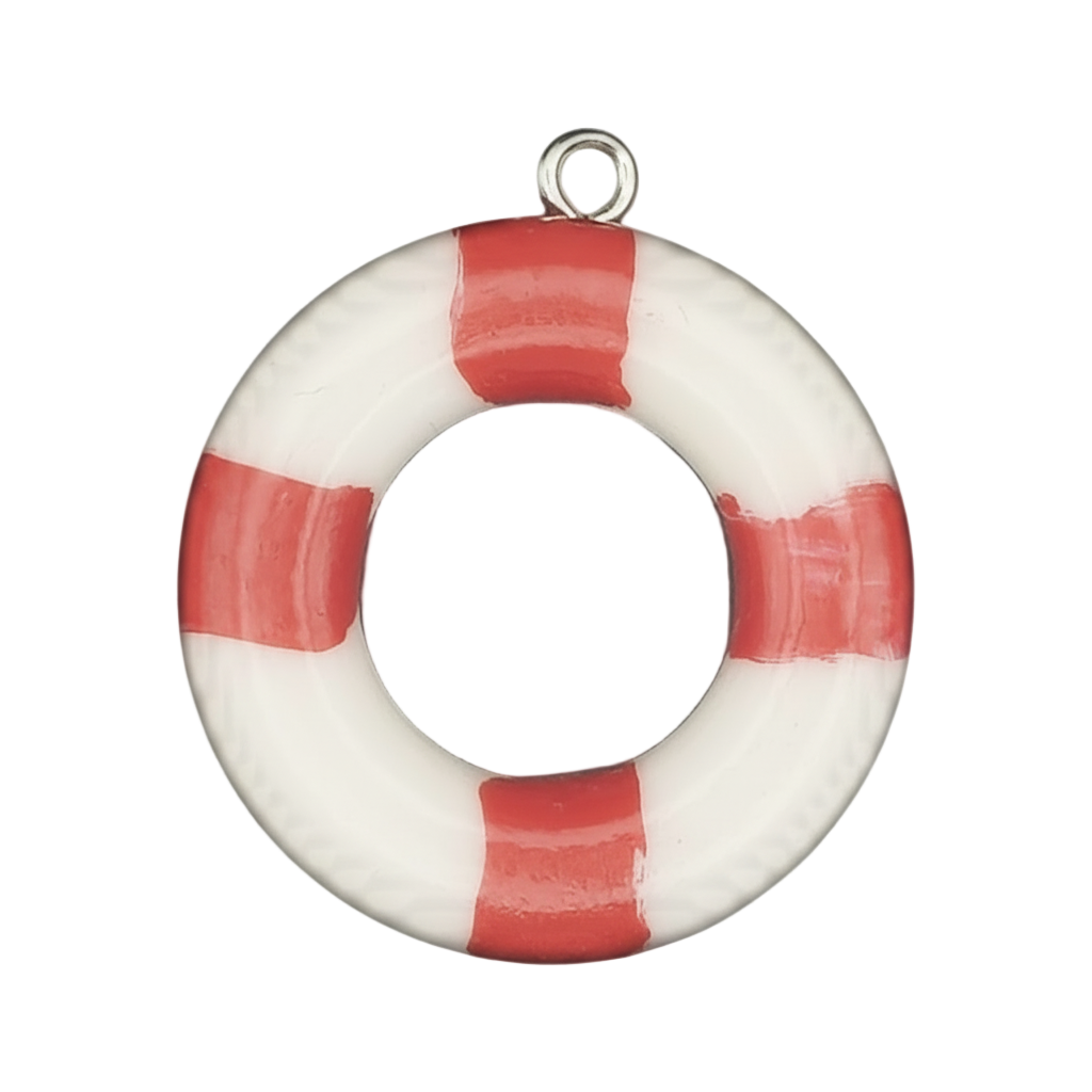close-up of red and white lifebuoy charm with dark center on black background