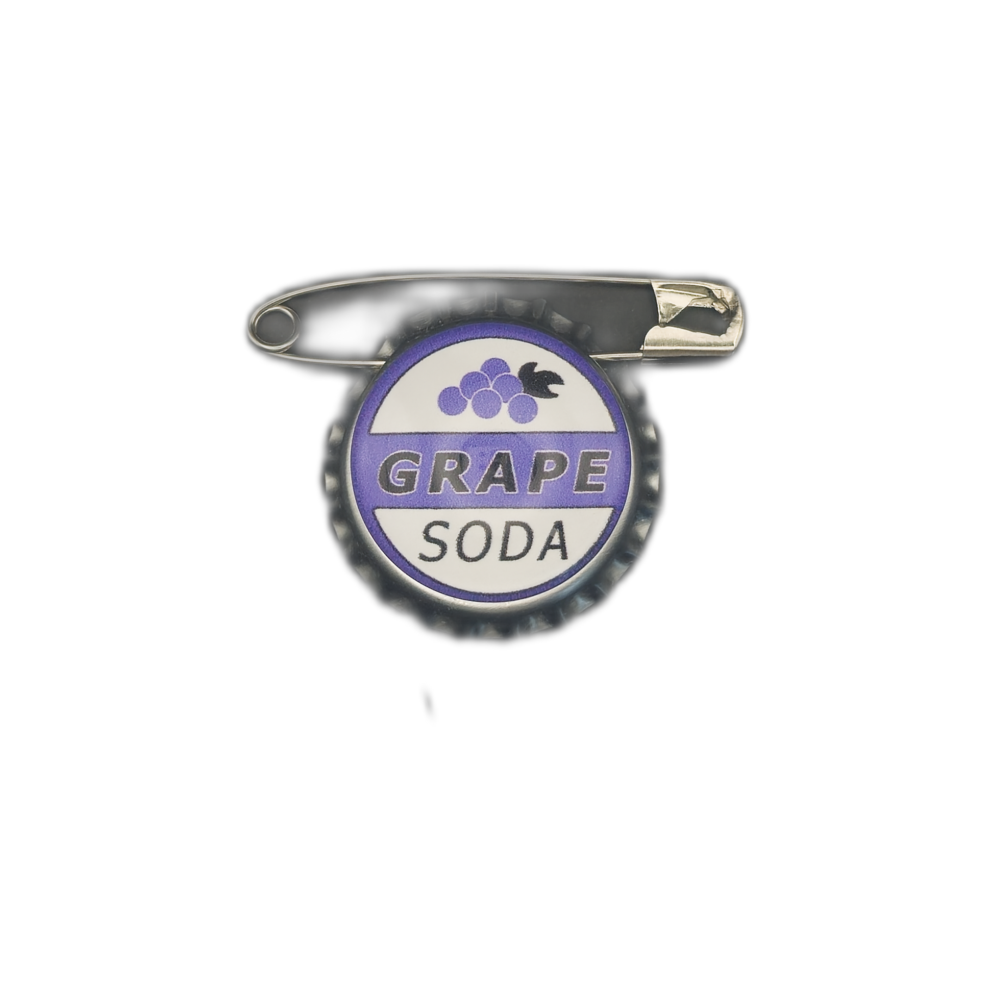 angled view of grape soda bottle cap pin with grape cluster icon on black background