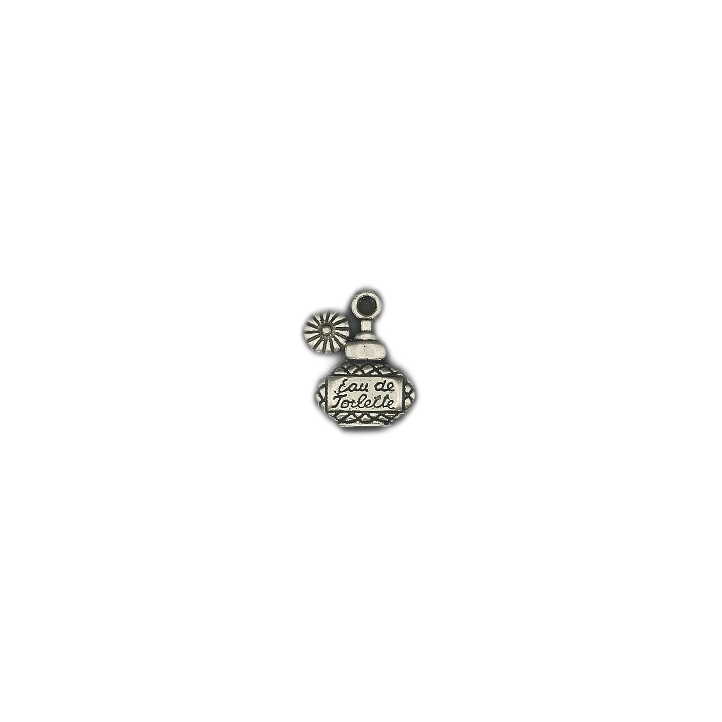 Small silver-tone perfume bottle charm with atomizer centered on a black background.