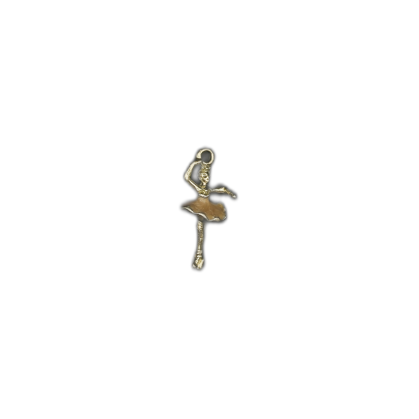 full view of gold-tone ballerina dancer charm with beige skirt centered on black background