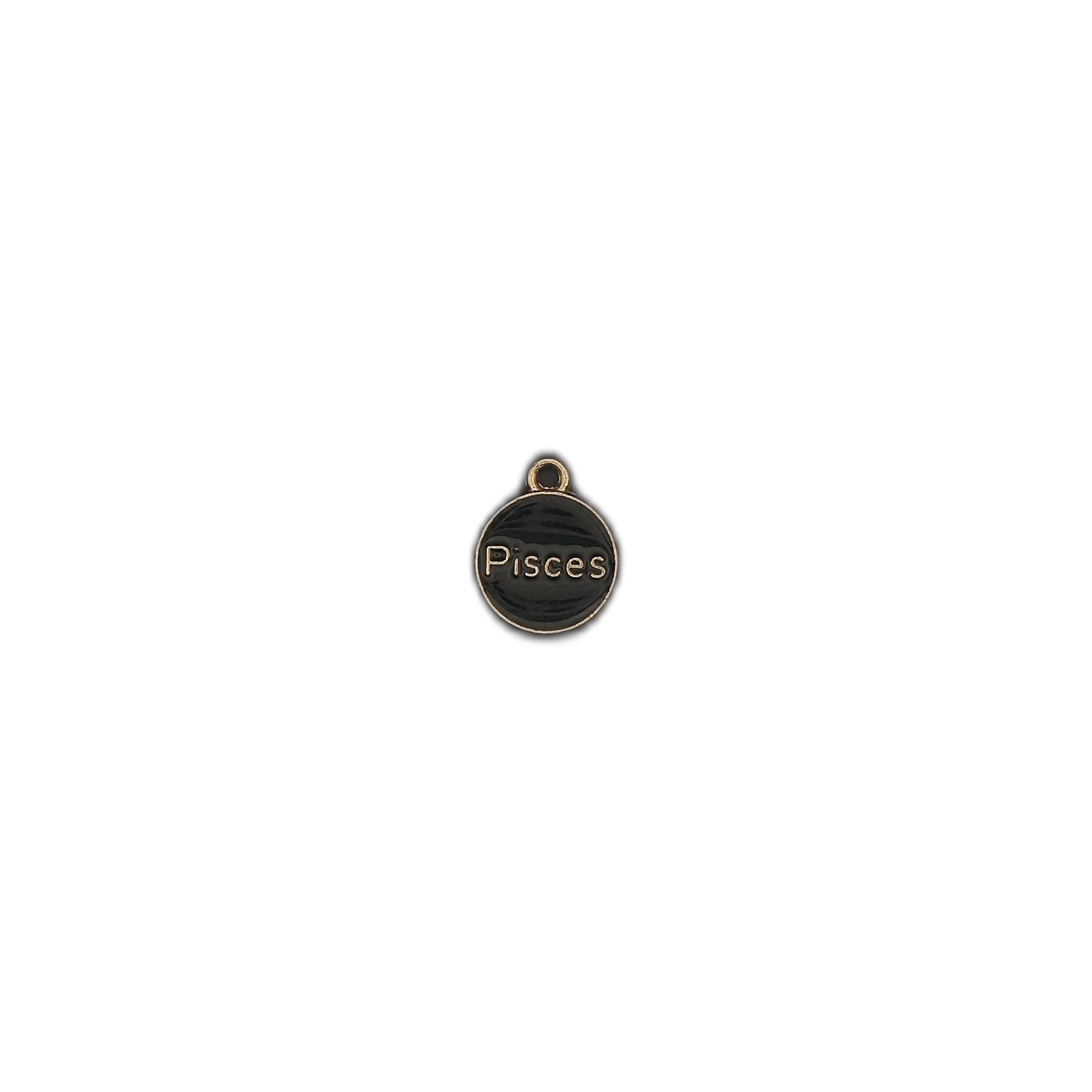 Small black and gold Pisces disc charm centered on a black background