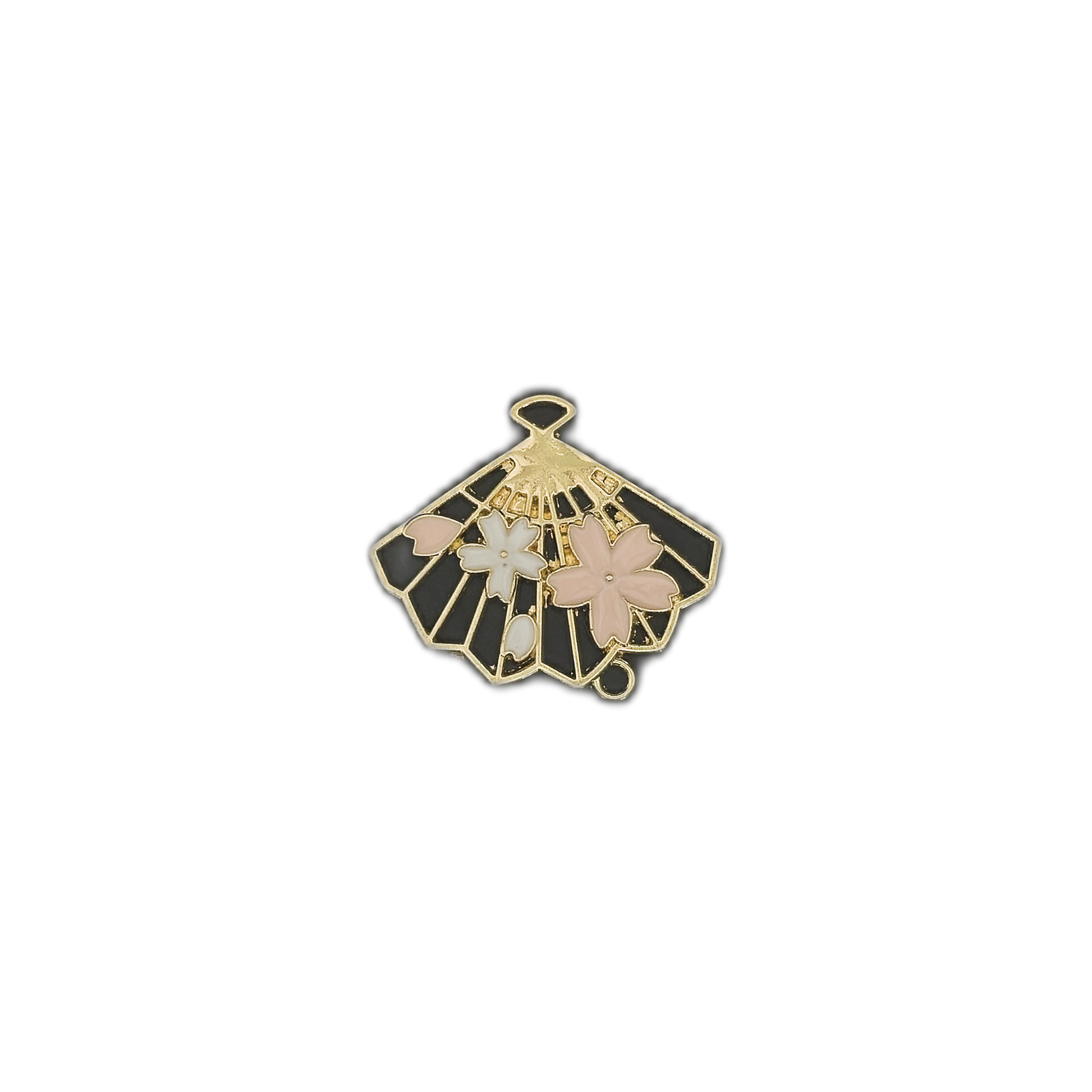 Small gold-tone fan charm with cherry blossom enamel on black, centered on a black background.
