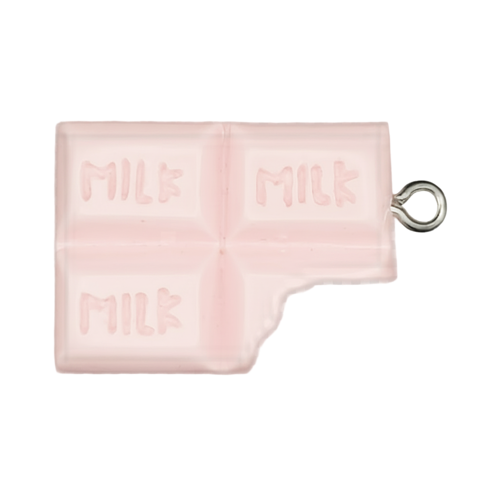 close-up of pink milk chocolate bar charm with a bite on a black background
