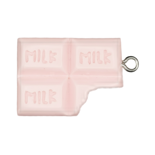 close-up of pink milk chocolate bar charm with a bite on a black background