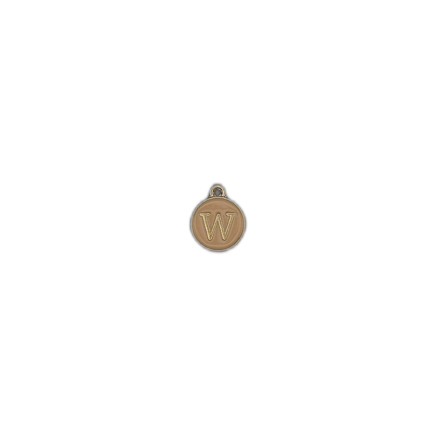 Small round gold-tone letter W charm centered on a black background.