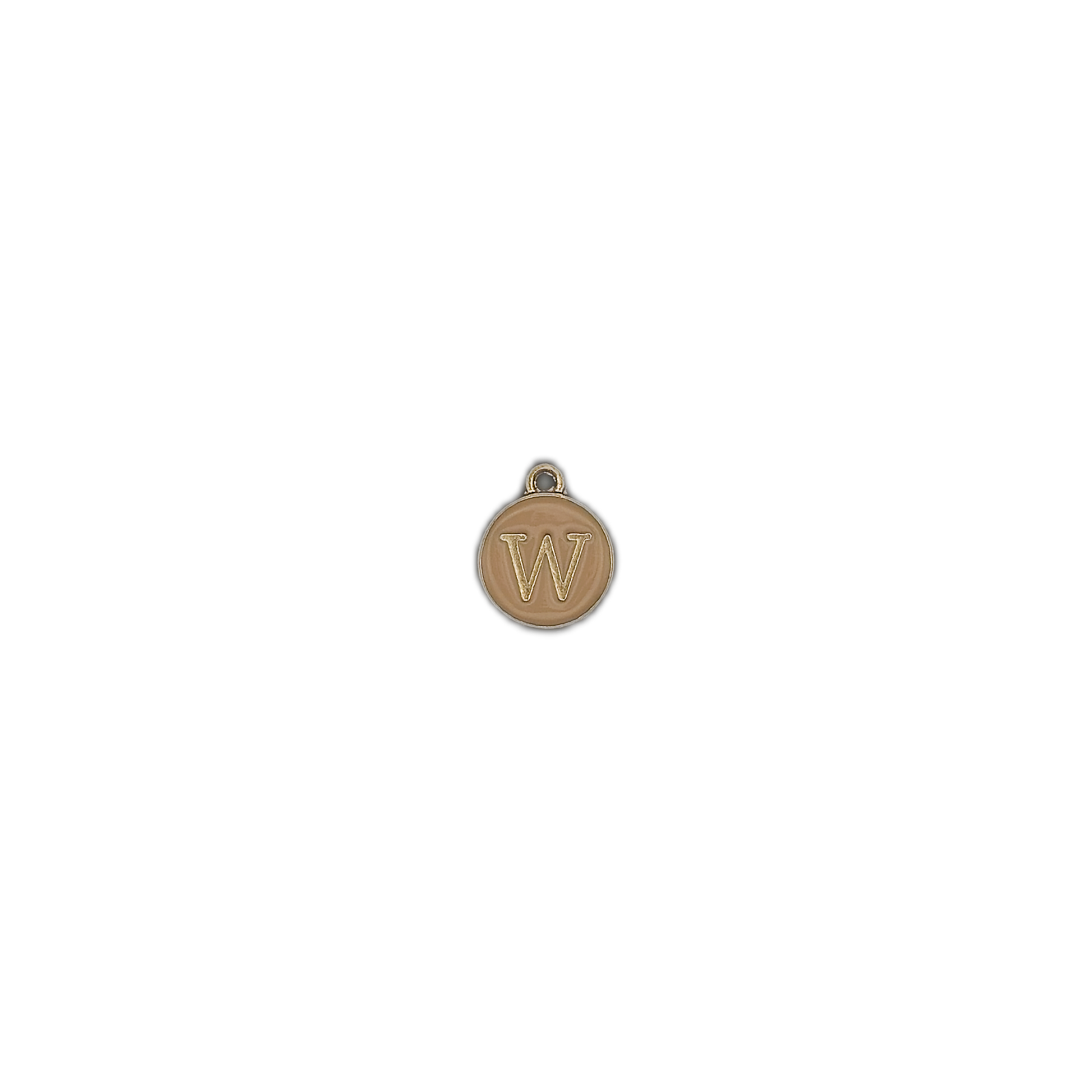 Small round gold-tone letter W charm centered on a black background.
