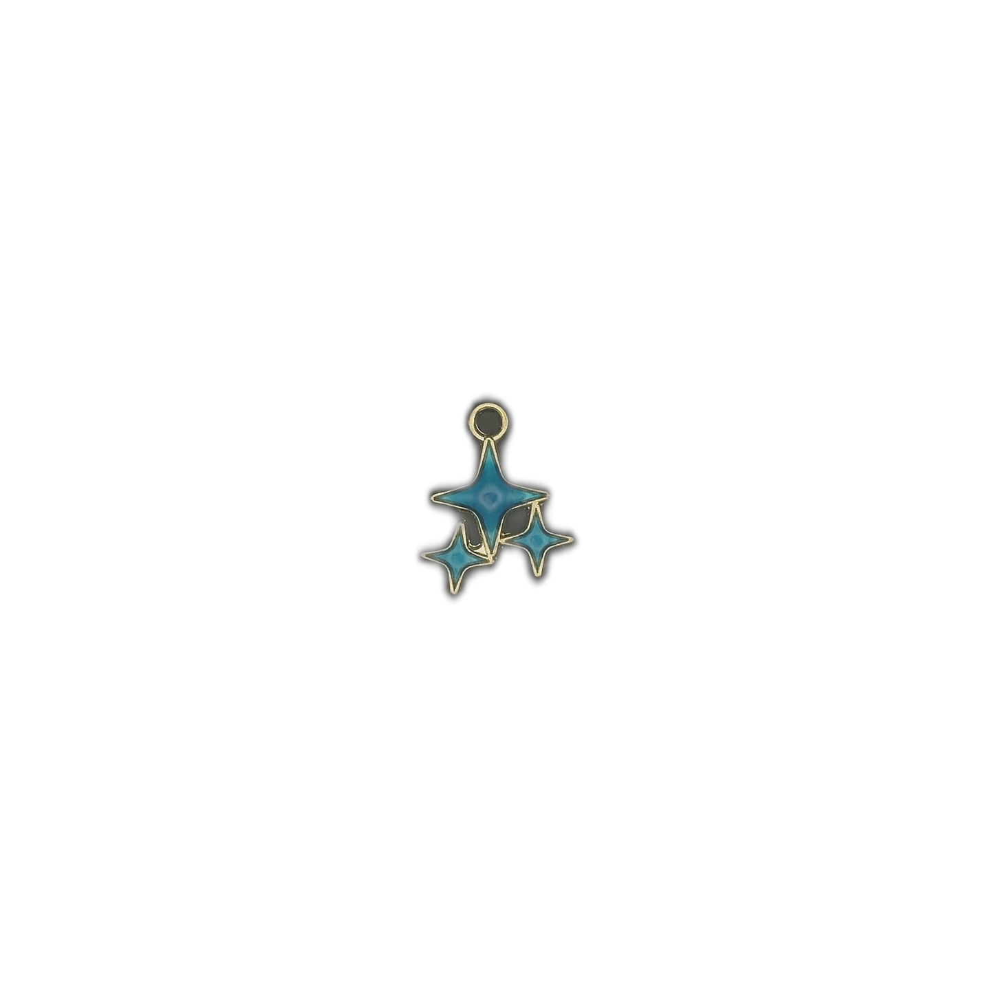 small blue starburst charm on black background
