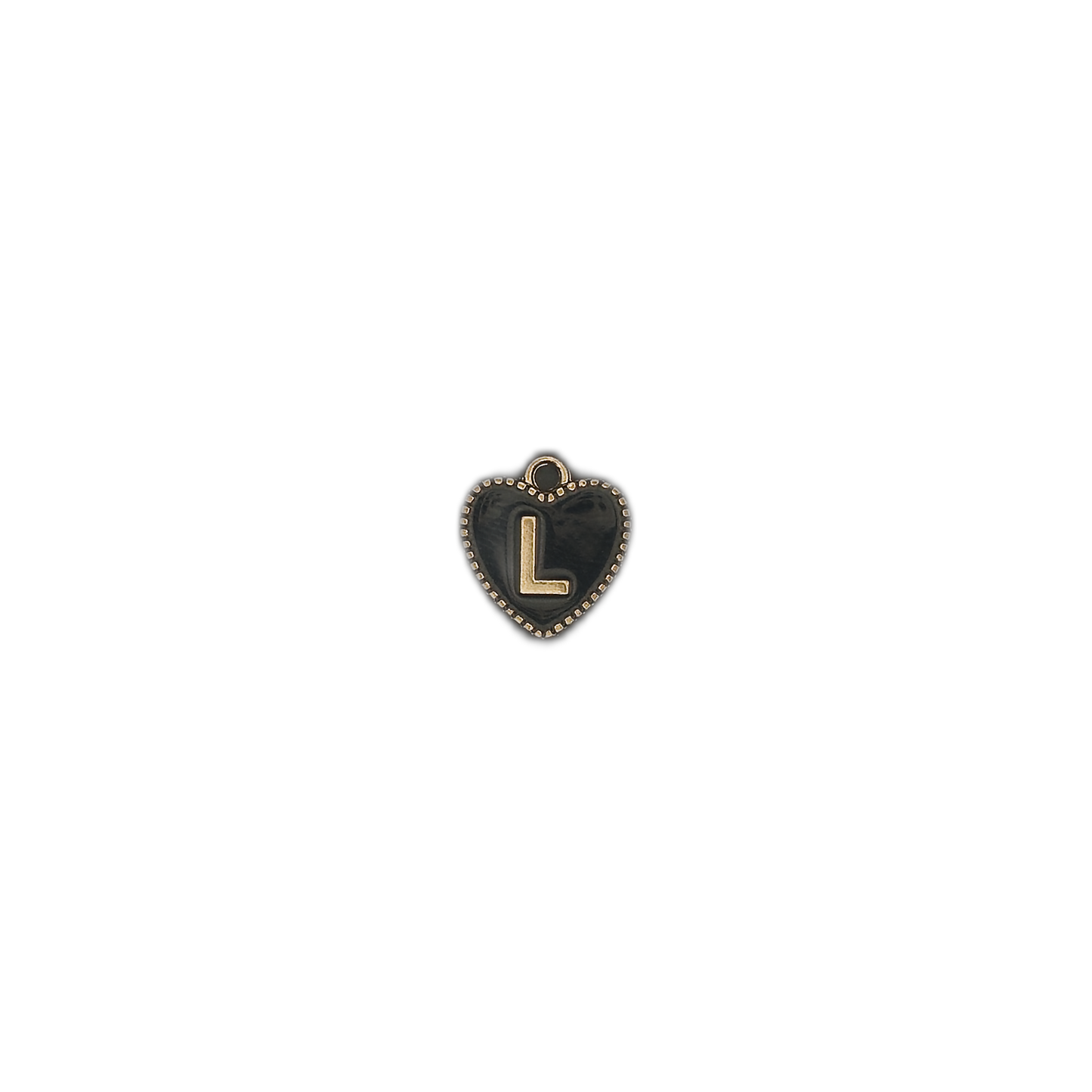 small black heart charm with gold letter L on black background
