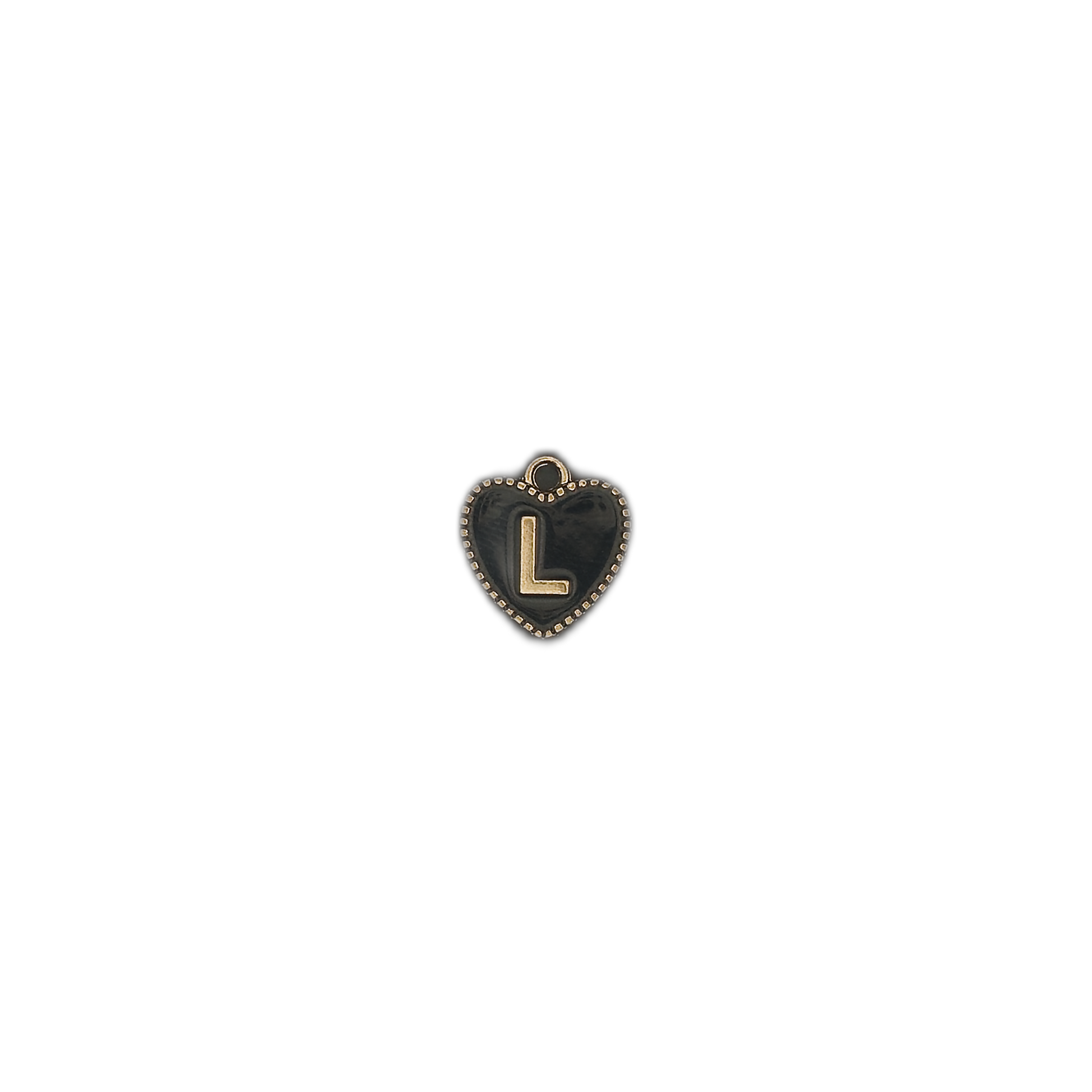 small black heart charm with gold letter L on black background