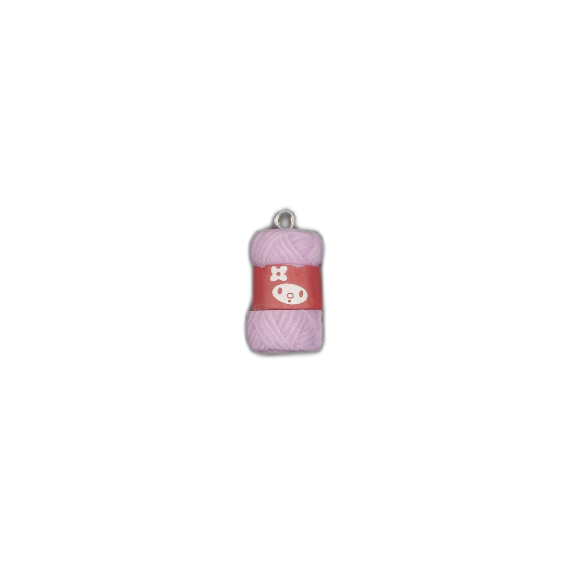 Small lavender yarn skein charm centered on a black background.