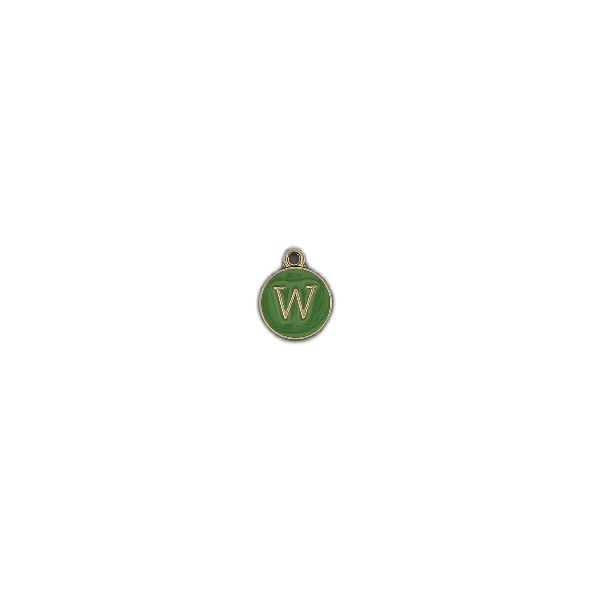 Small round green letter W charm centered on a black background.