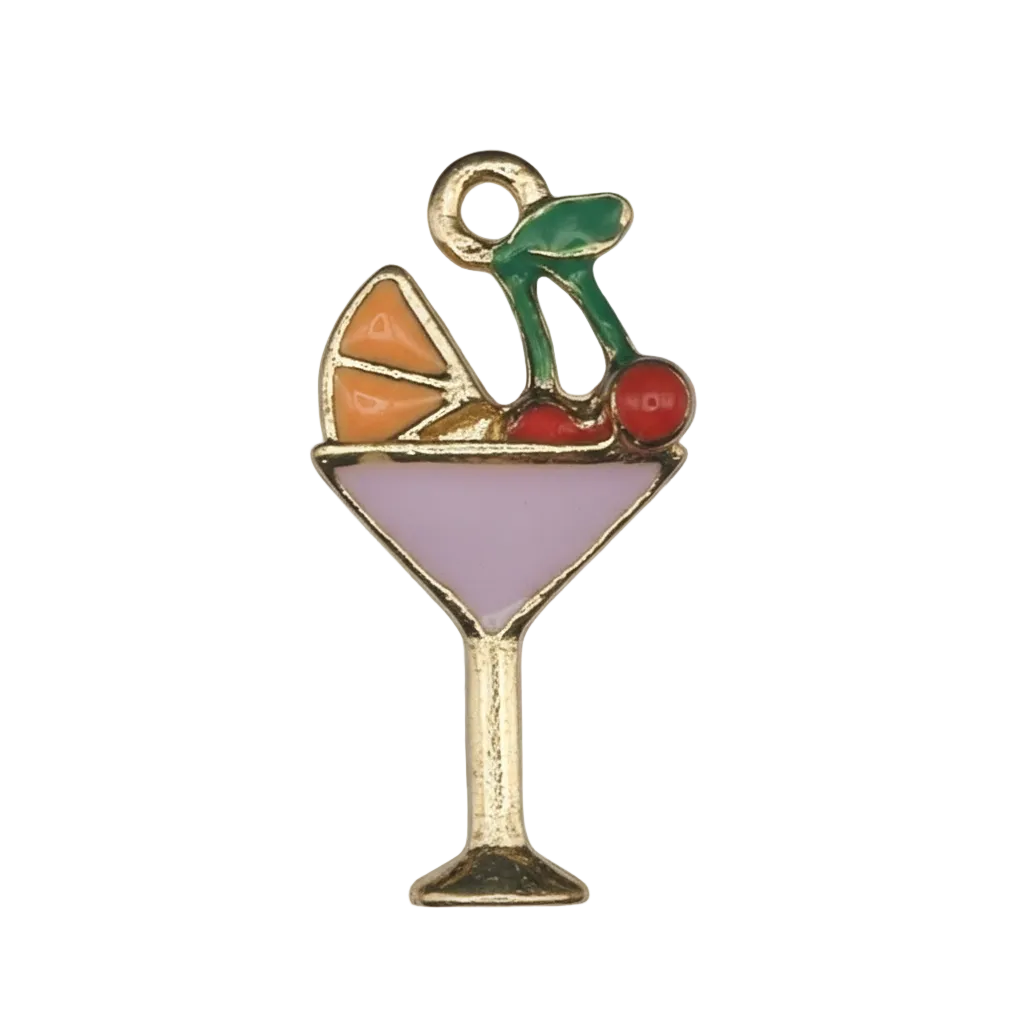 Close-up of enamel cocktail glass charm with purple drink, orange slice, cherries, and green straw on gold-tone outline.
