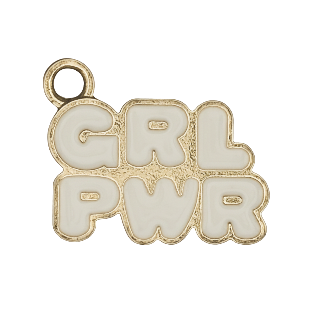 gold-tone charm with white 'GRL PWR' letters on black background