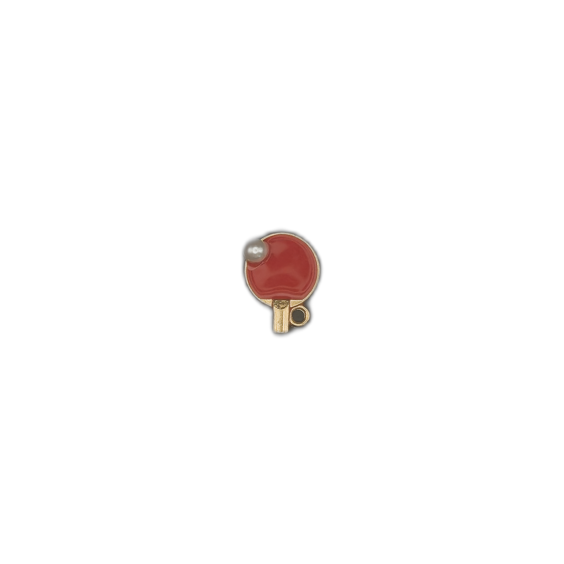 small red enamel table tennis paddle charm with white ball on black background