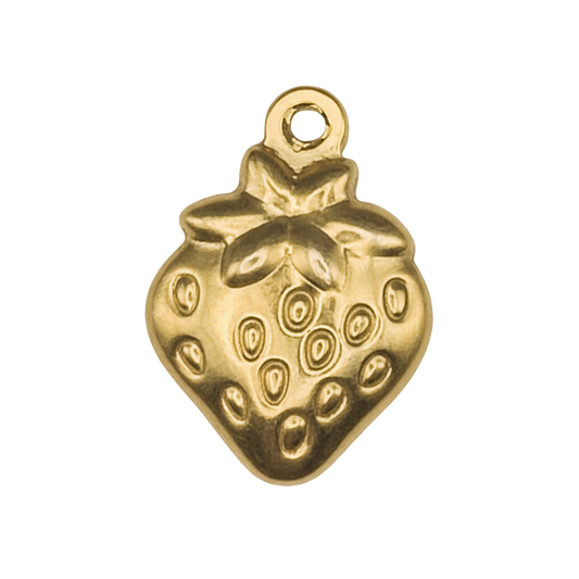 close-up of a small gold strawberry charm on a black background