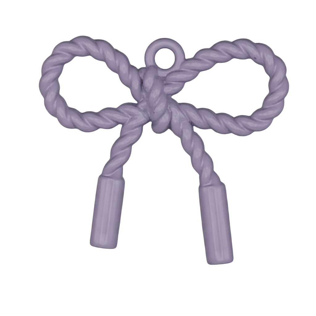 Close-up of a lavender rope bow charm on a black background.
