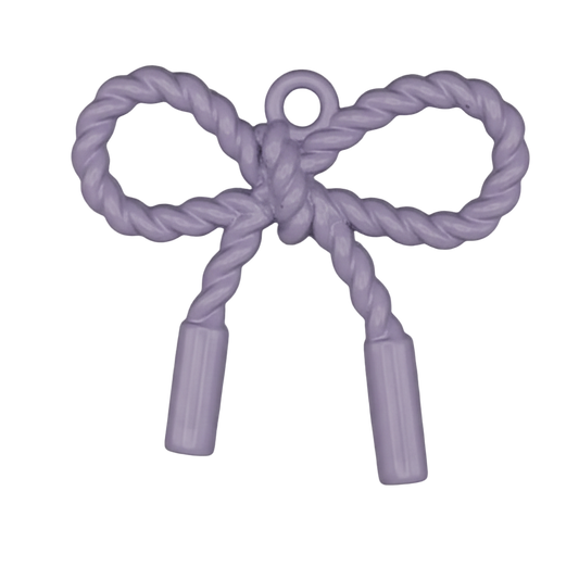 Close-up of a lavender rope bow charm on a black background.