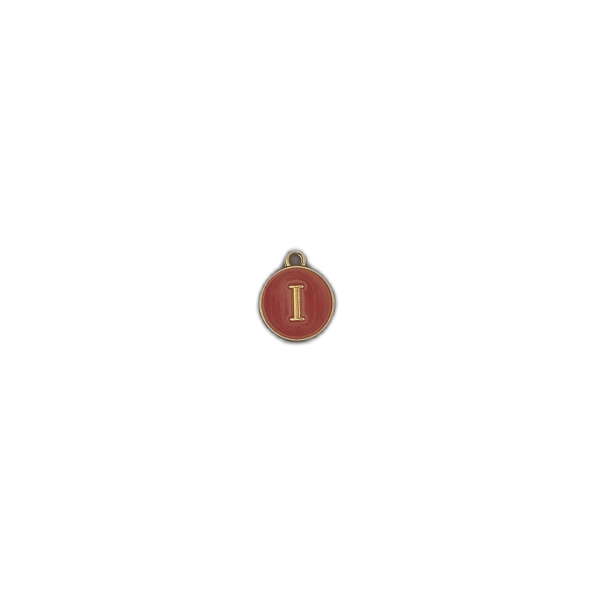 small red round letter I charm centered on black background