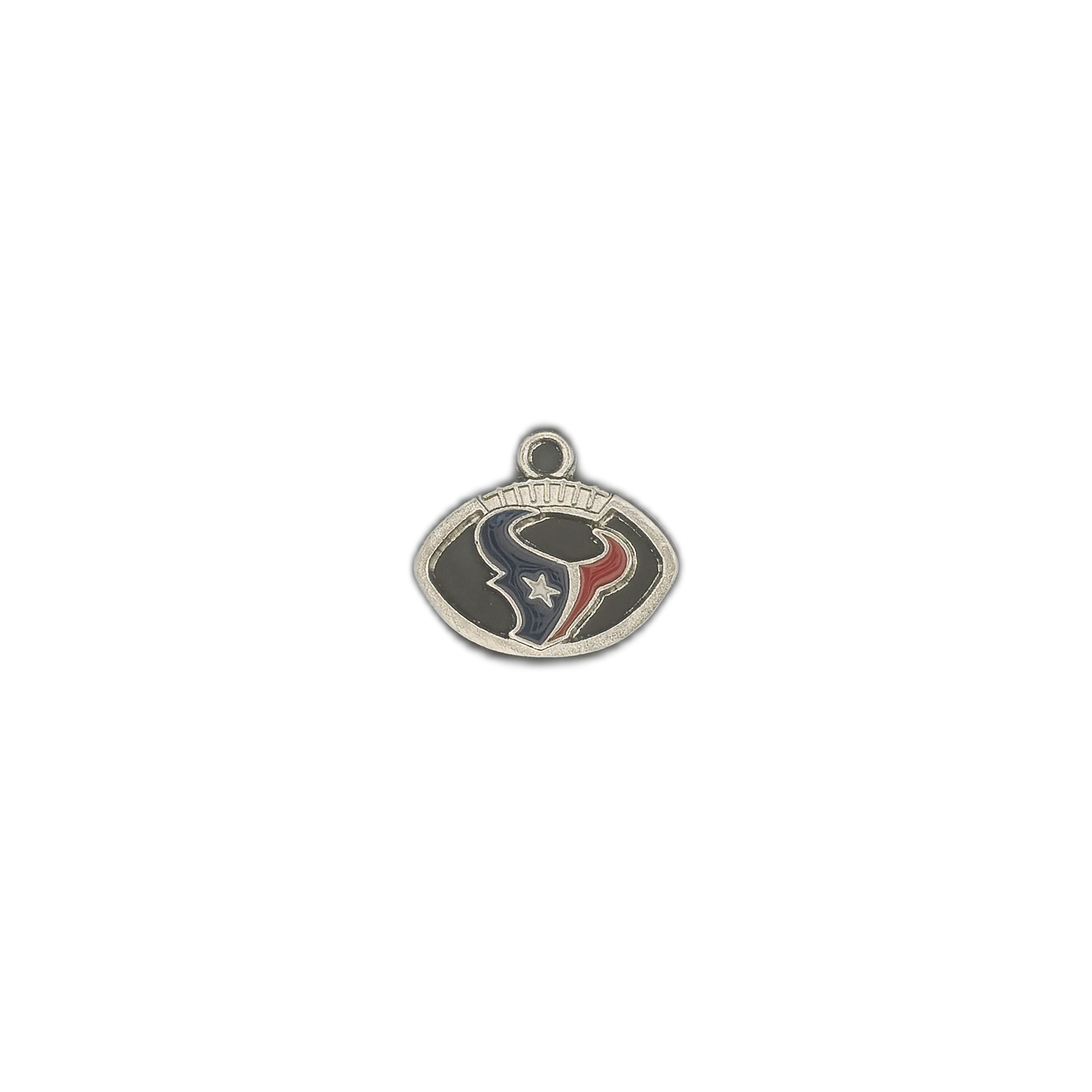 small football-shaped charm with bull head emblem, silver-tone border, and navy, red, and black enamel