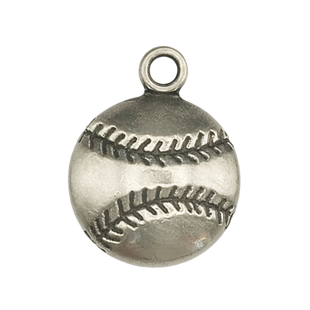 close-up of antiqued silver baseball charm on black background