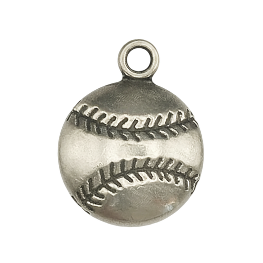close-up of antiqued silver baseball charm on black background