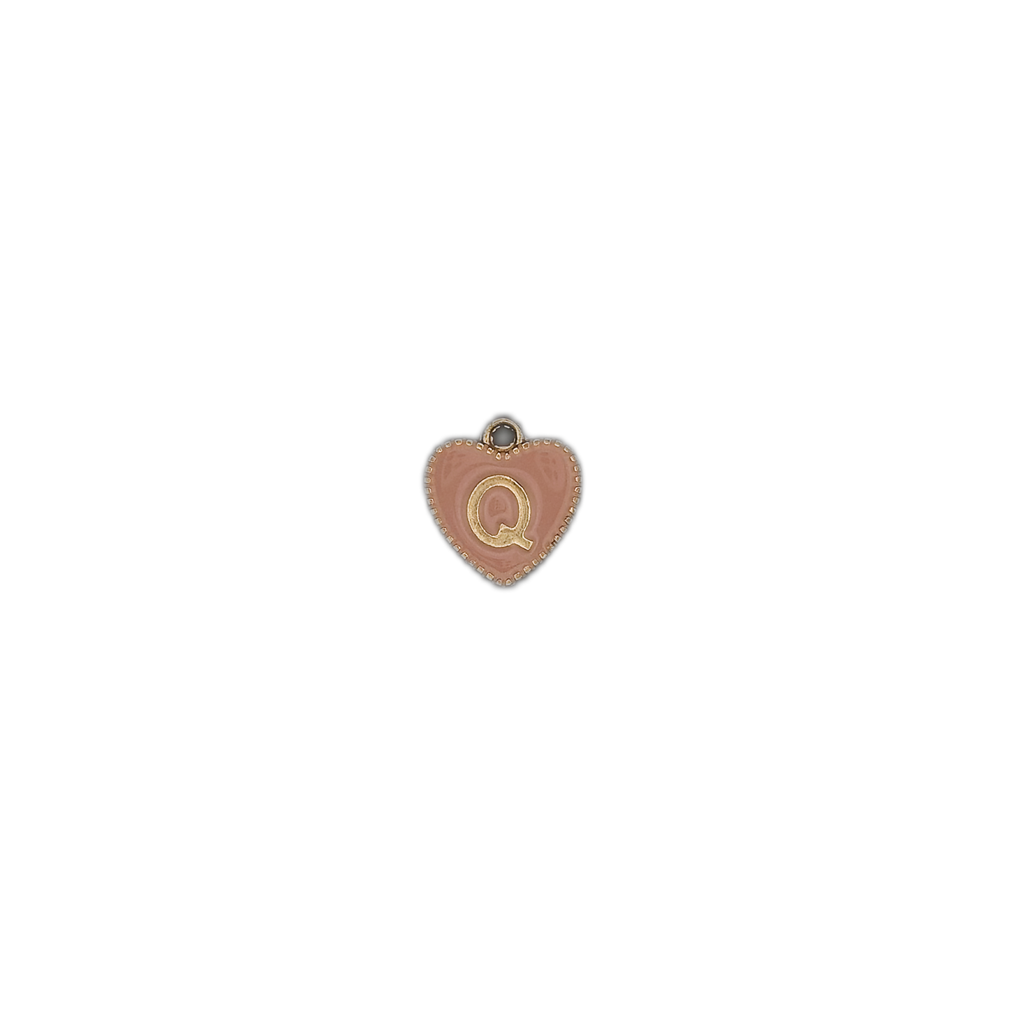 small pink heart charm with gold Q on a black background