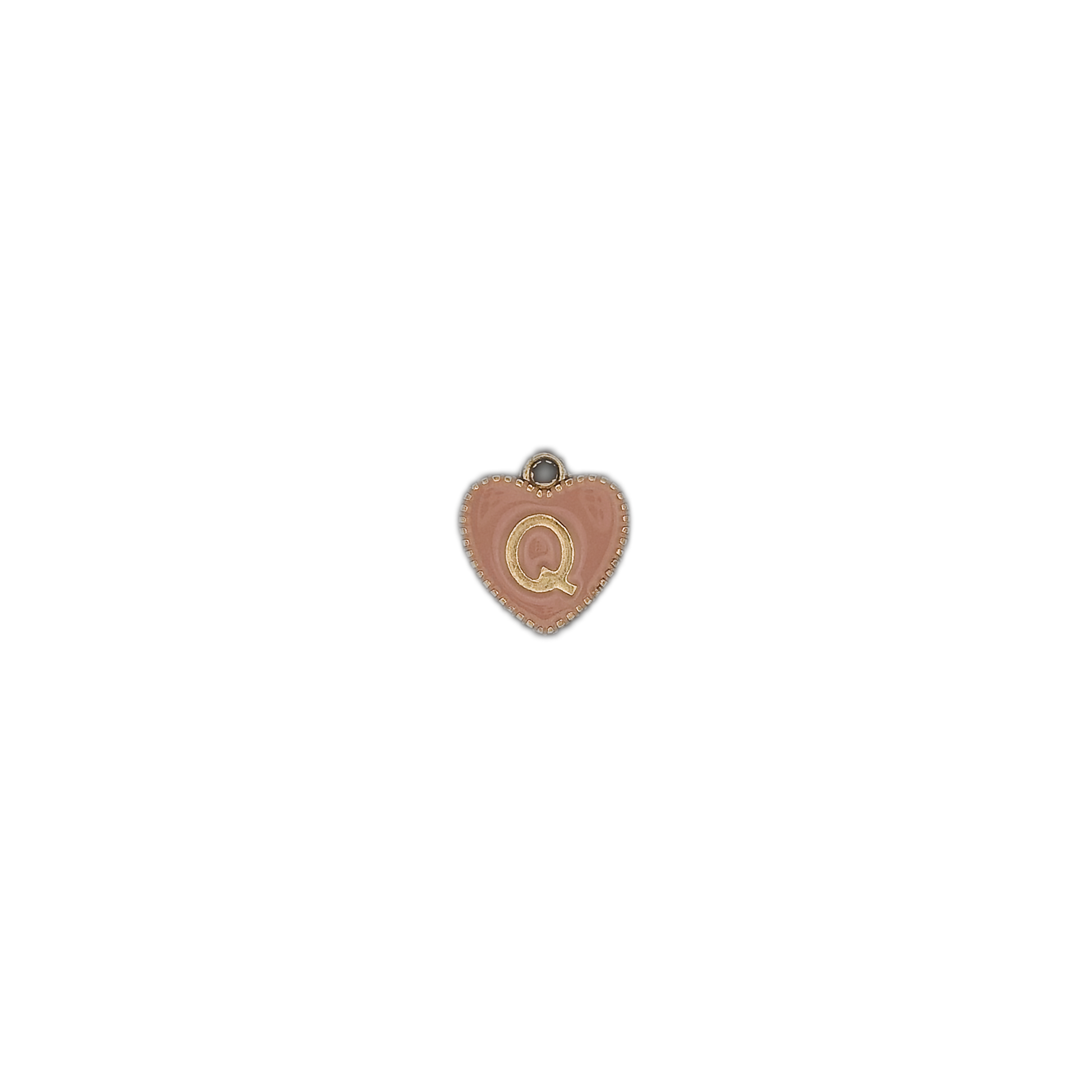 small pink heart charm with gold Q on a black background