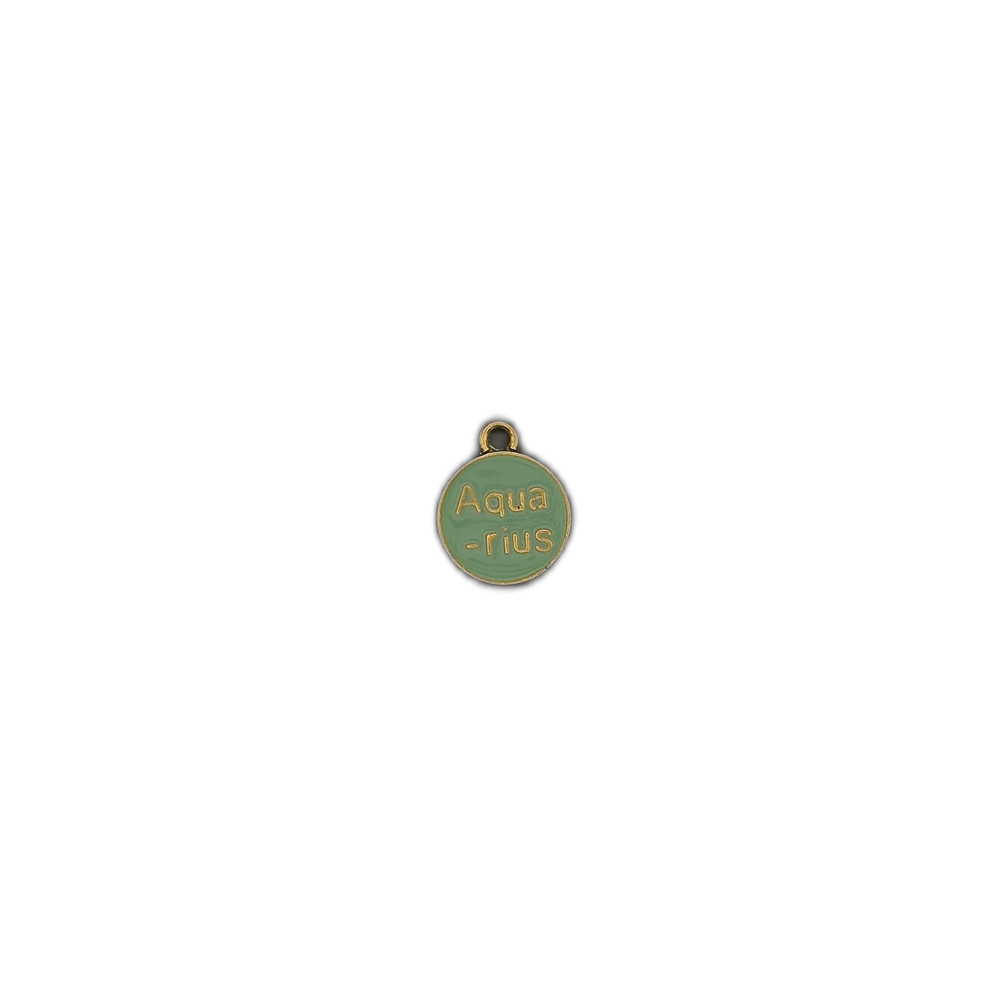 Small round green "Aquarius" charm centered on a black background.