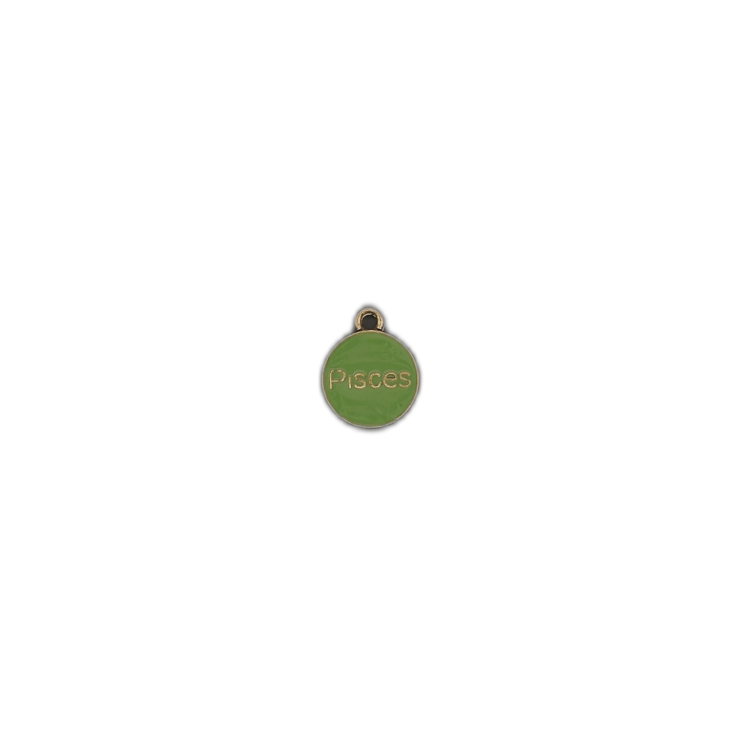 Small round green 'Pisces' charm centered on a black background.
