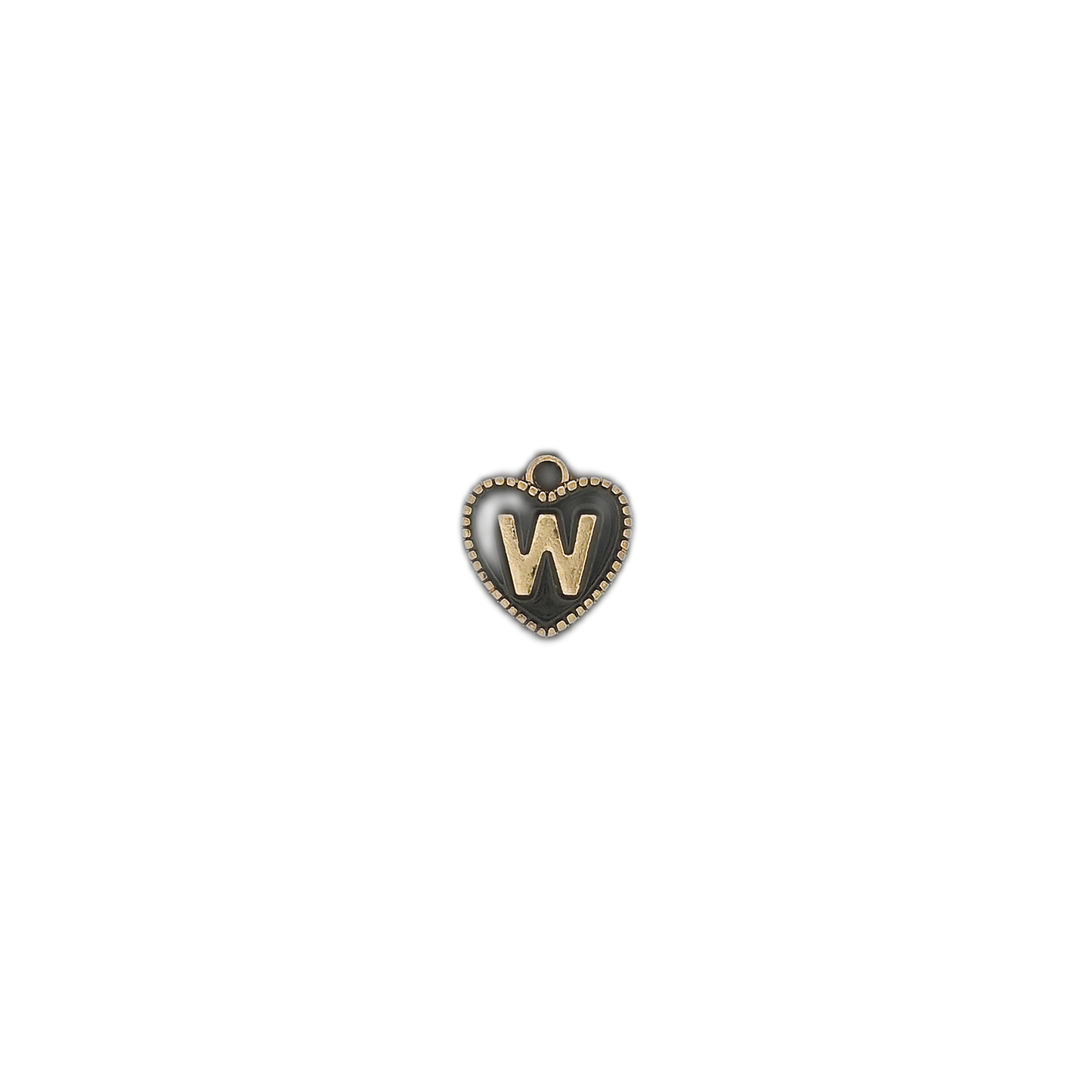 small gold and black heart charm featuring the letter W